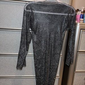 Black Crystal Mesh Rhinestone Dress – Long Sleeve Sparkle Party Dress